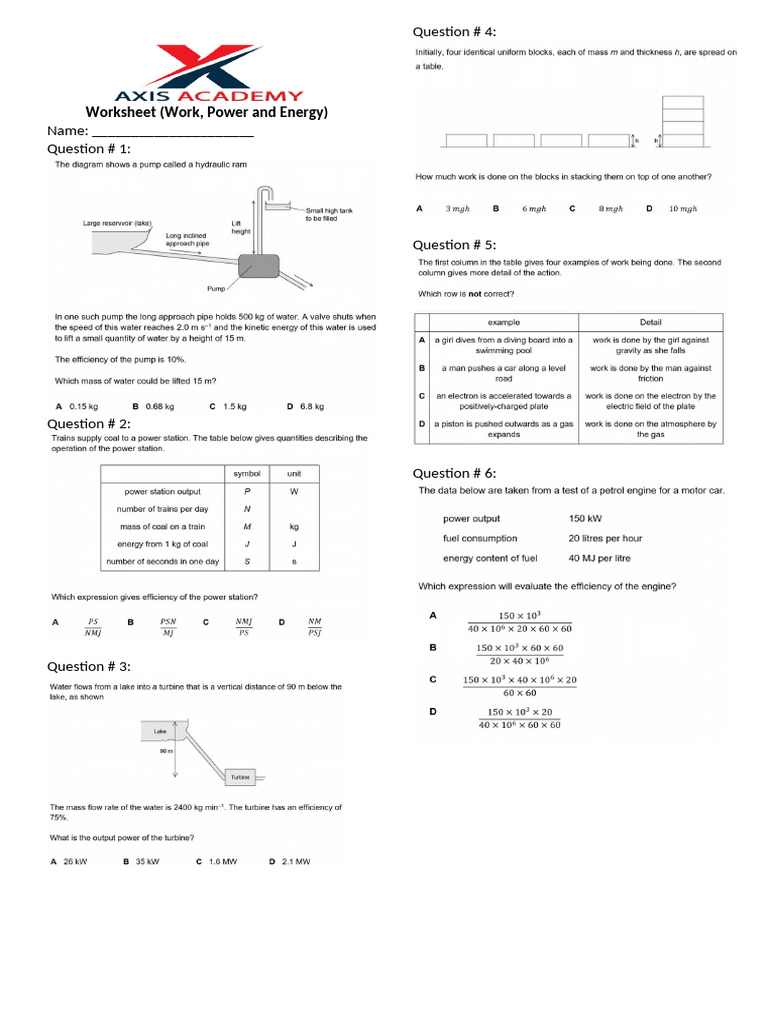 Work, Power and Energy Worksheet As | PDF