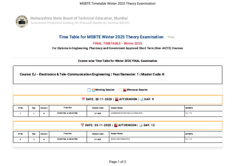 MSBTE Winter 2025 Exam Timetable | PDF