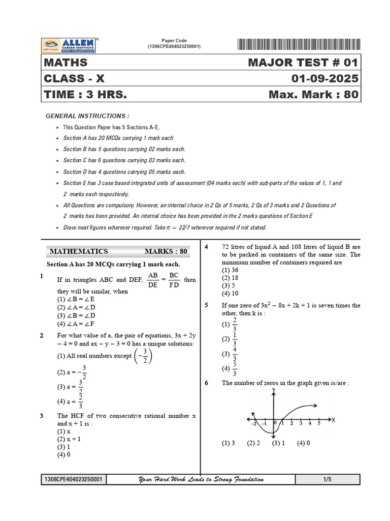Class X Mathematics Major Test 1 | PDF | Polynomial | Speed