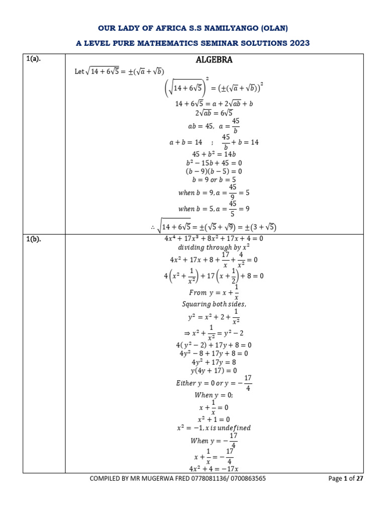 A Level Pure Mathematics Solutions 2023 | PDF | Mathematics