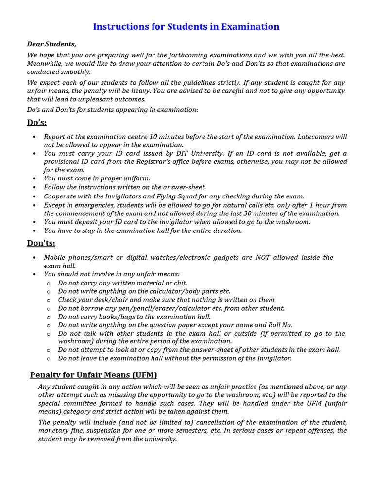 Exam Guidelines: Do's and Don'ts for Students | PDF