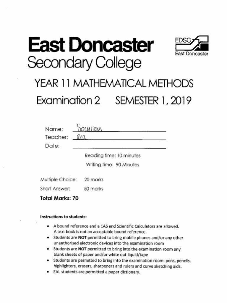 2019 Semester 1 Year 11 Mathematical Methods Exam 2 Solutions | PDF