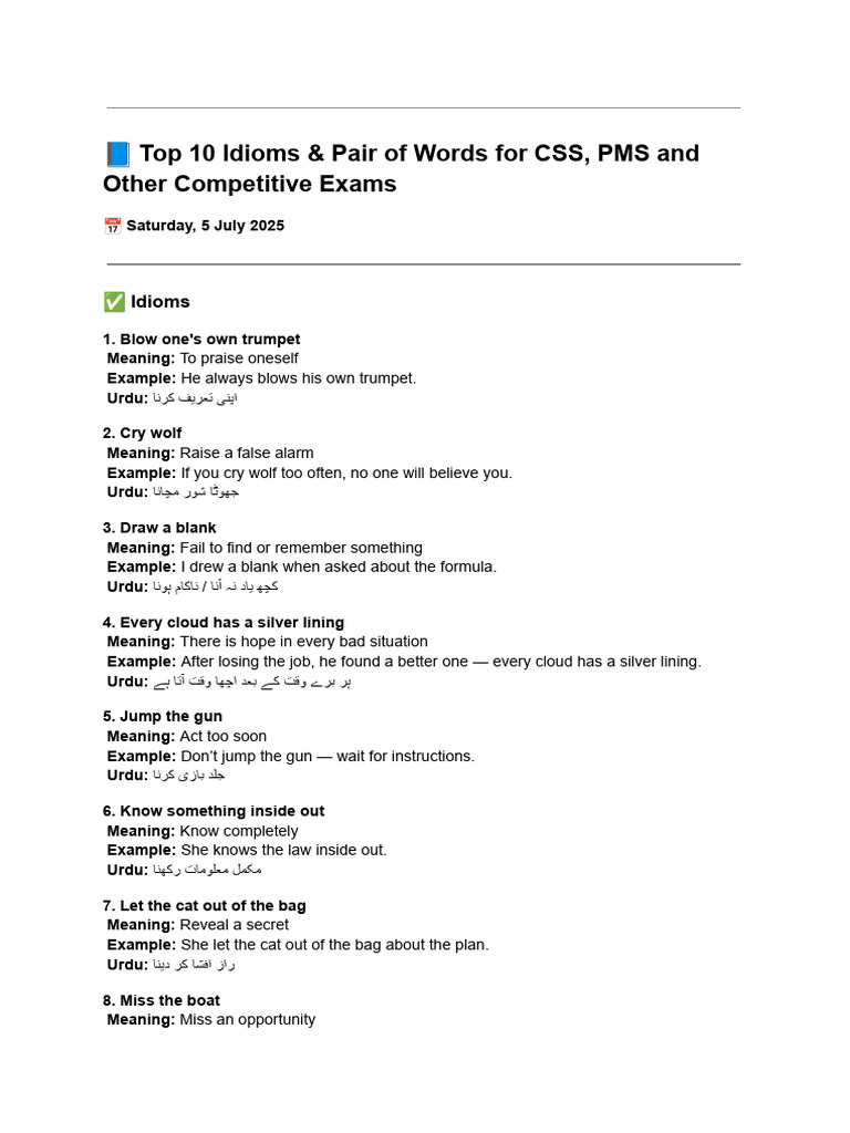 Css Idioms & Pairs of Words 5 July-1 | PDF | Chess Openings | Chess Theory
