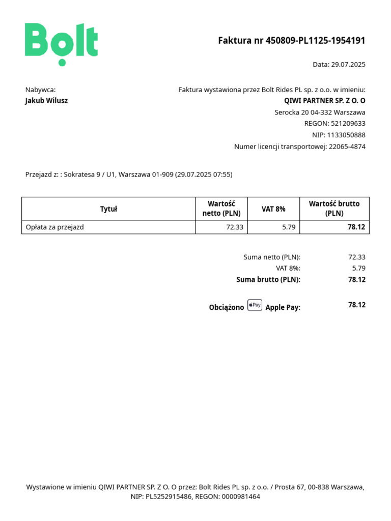 Ride Invoice From Bolt Pdf