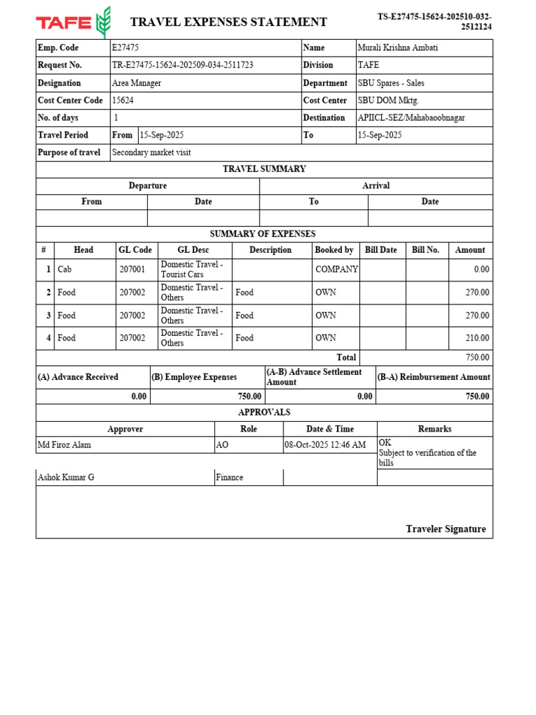 Travel Expenses Statement for TAFE | PDF