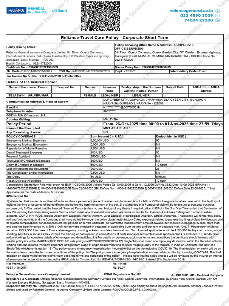 Reliance Travel Care Policy - Corporate Short Term: Trejhara | PDF ...