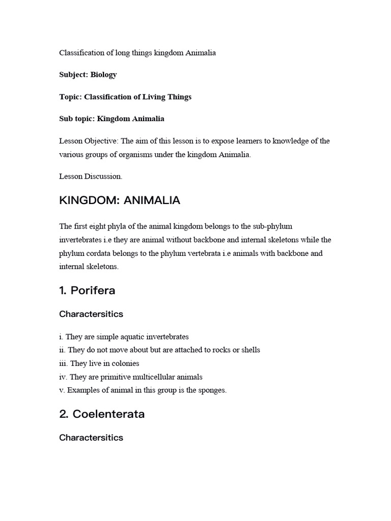Classification of Animalia Phyla Overview | PDF | Vertebrates ...