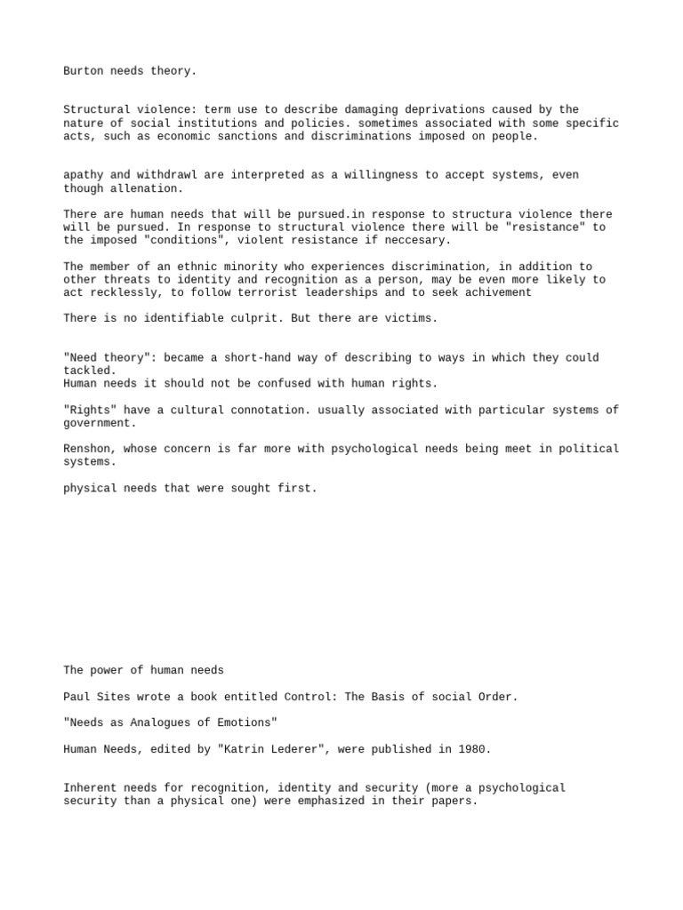 Understanding Burton's Human Needs Theory | PDF