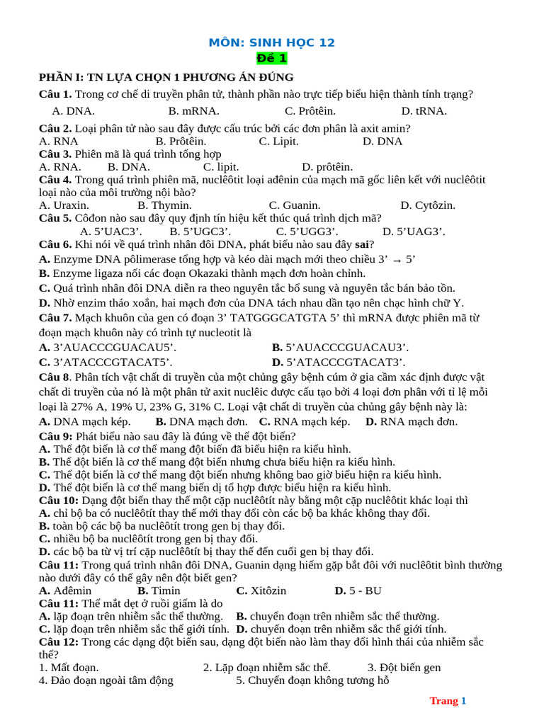 Bo de On Tap Giua HK1 Sinh 12 | PDF
