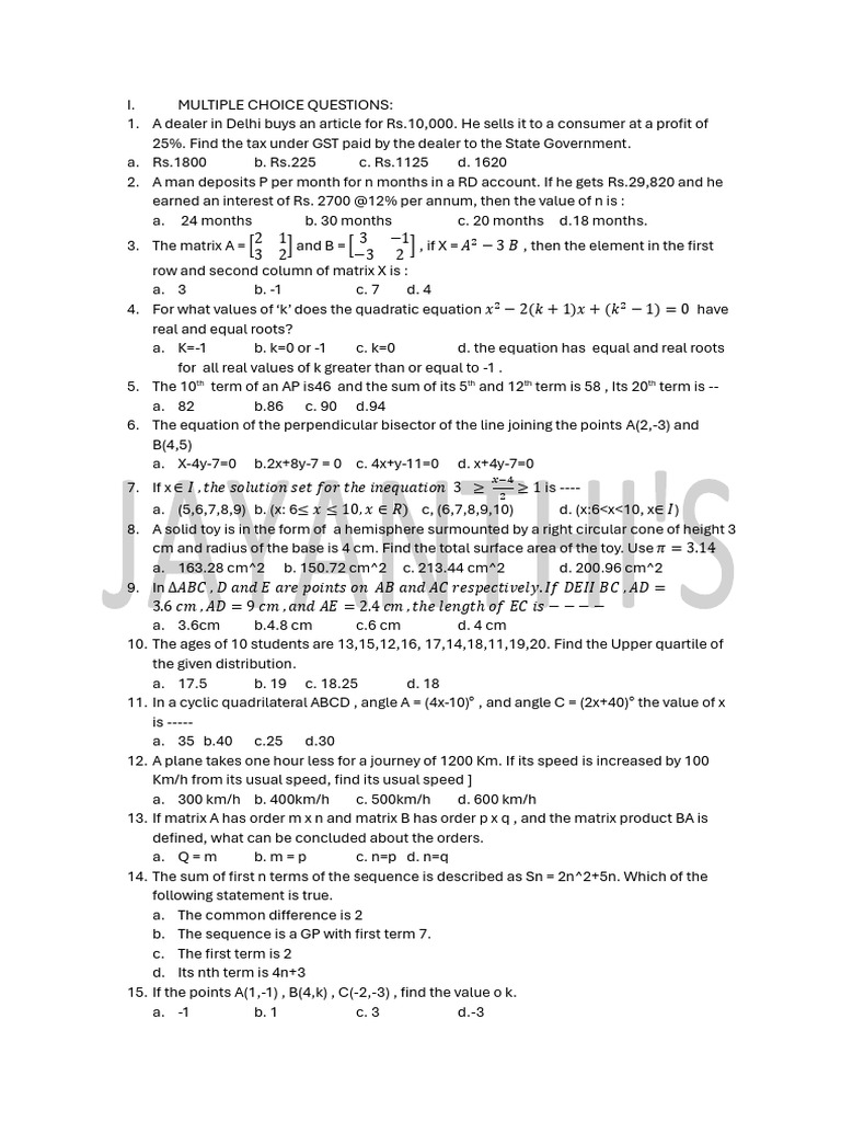 Math Practice Questions and Solutions | PDF | Matrix (Mathematics ...