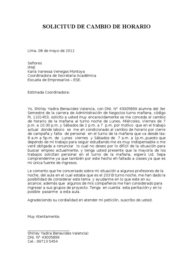 Solicitud De Cambio De Horarios Pdf