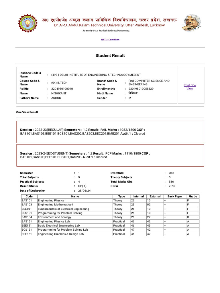 AKTU B.Tech Computer Science Results | PDF | Engineering | Computing