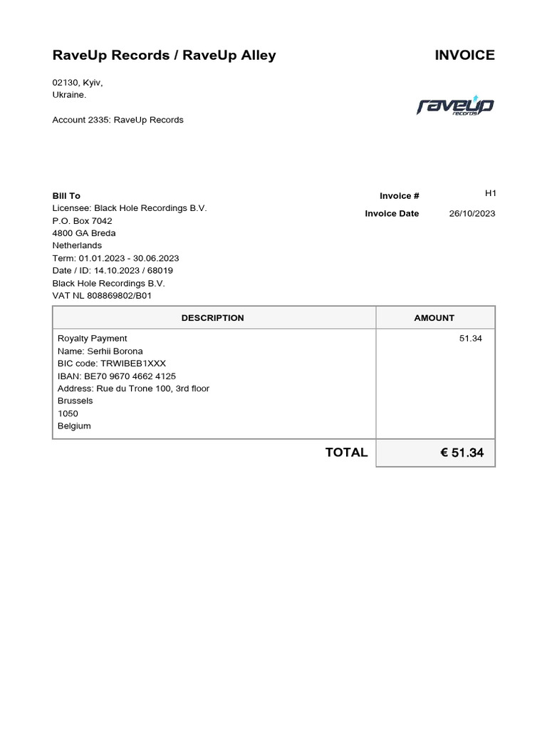 RaveUp Records Invoice for Royalty Payment | PDF