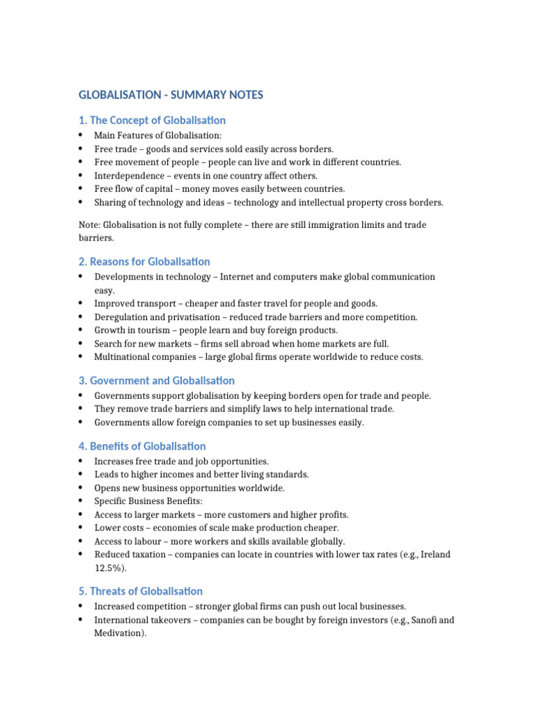 Globalisation Summary Notes | PDF | Globalization | Taxes