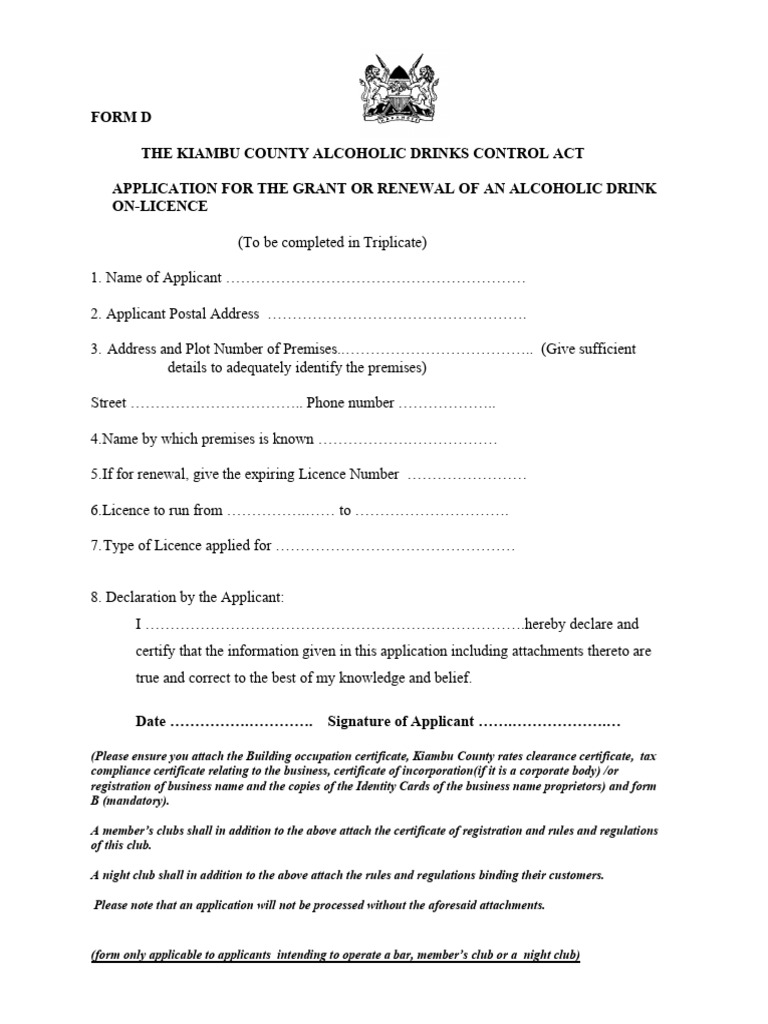 Kiambu County Liquor License Application | PDF