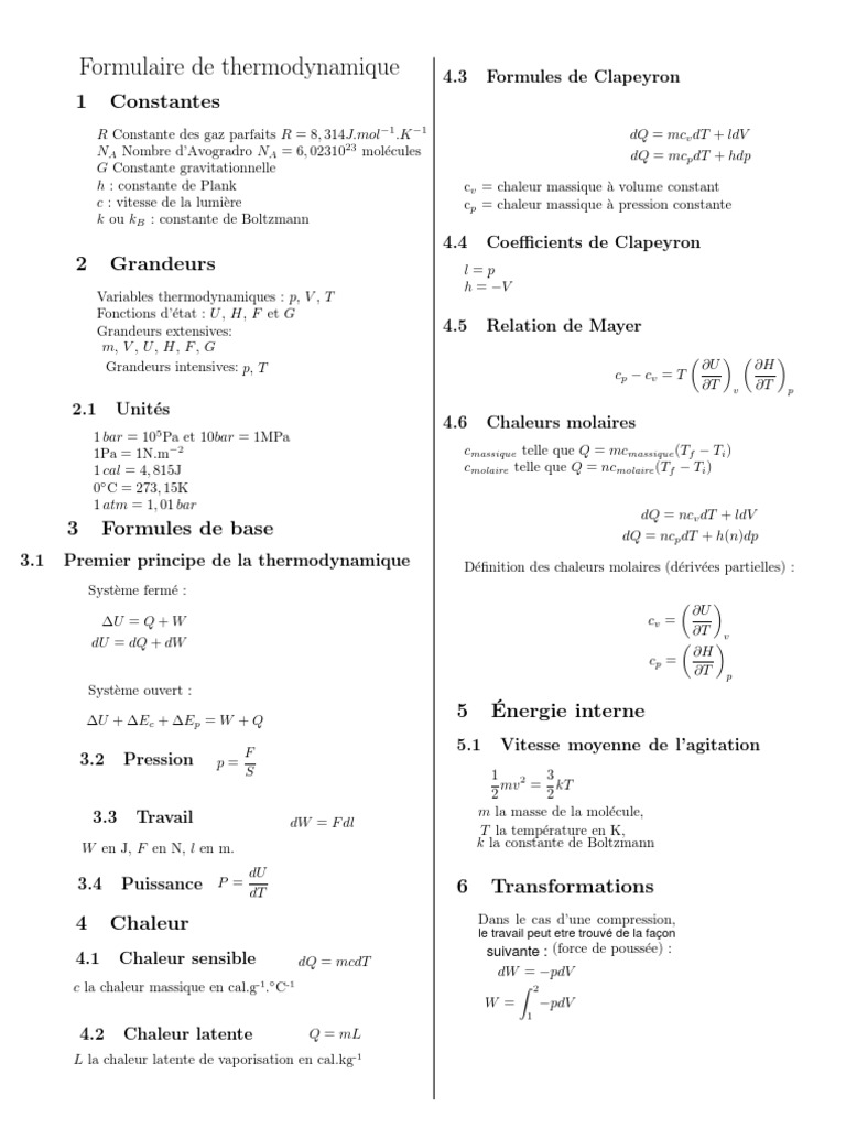 Formulaire de Thermodynamique | PDF | Physique mathématique ...