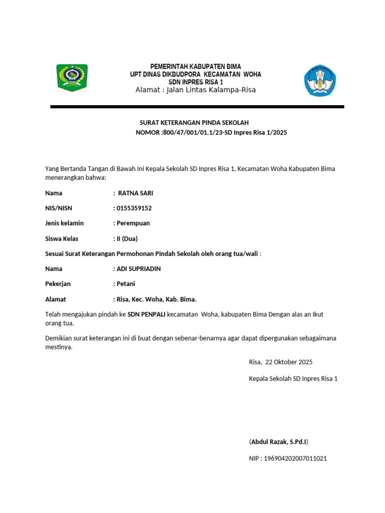 Surat Pindah Sekolah Ratna Sari SD Inpres Risa 1 | PDF