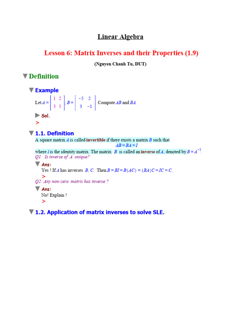 Matrix Inverses and Properties Explained | PDF | Matrix (Mathematics ...