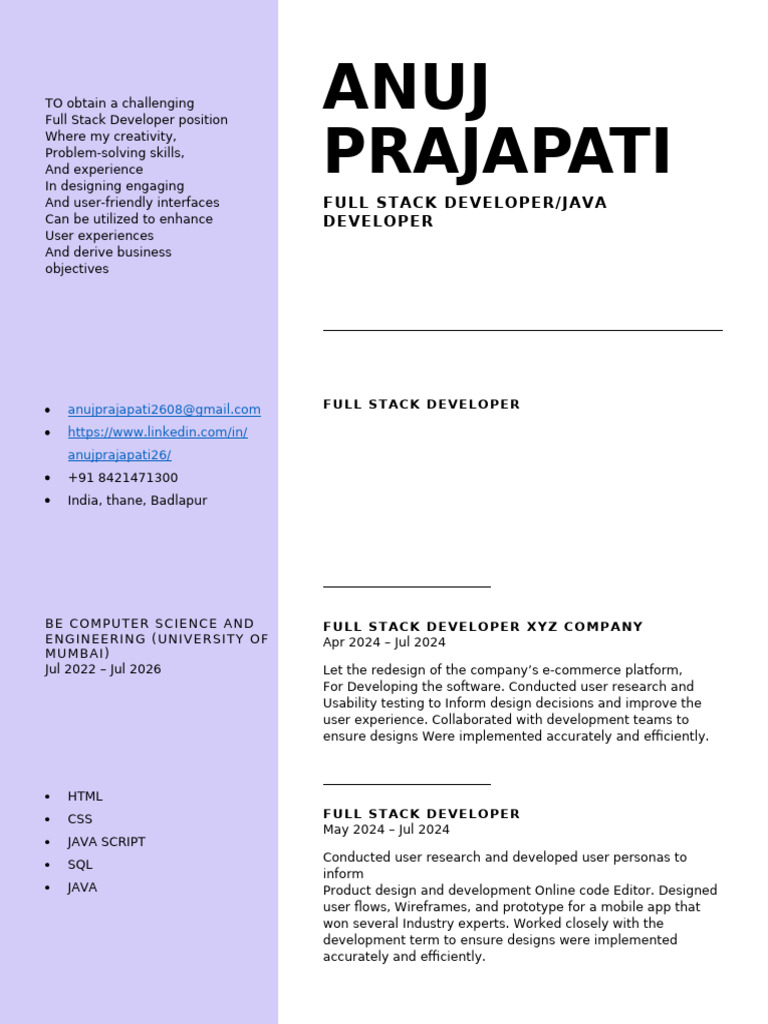 Full Stack Developer Resume Overview | PDF