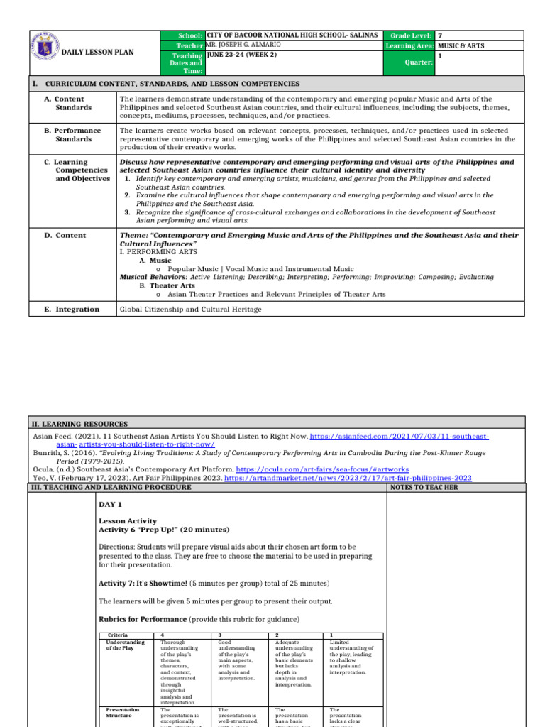 Daily Lesson Plan: Music & Arts Grade 7 | PDF | The Arts | Lesson Plan