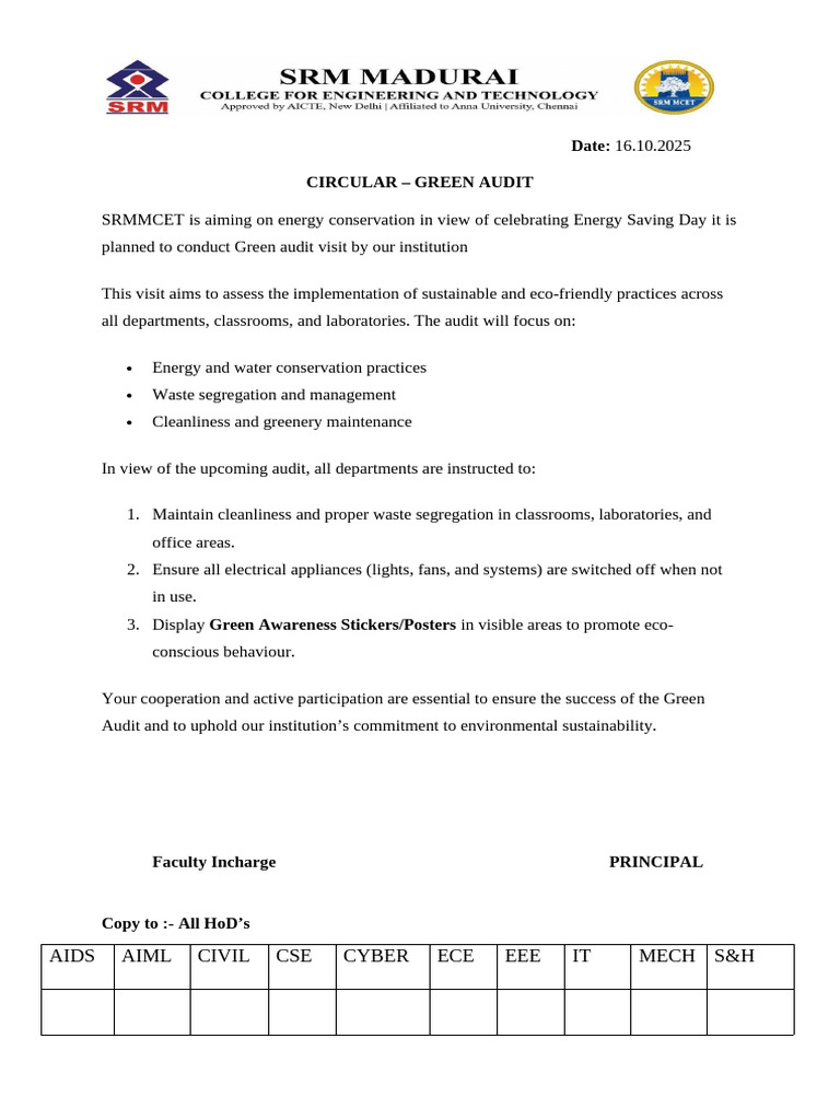 Green Audit Guidelines for SRMMCET | PDF