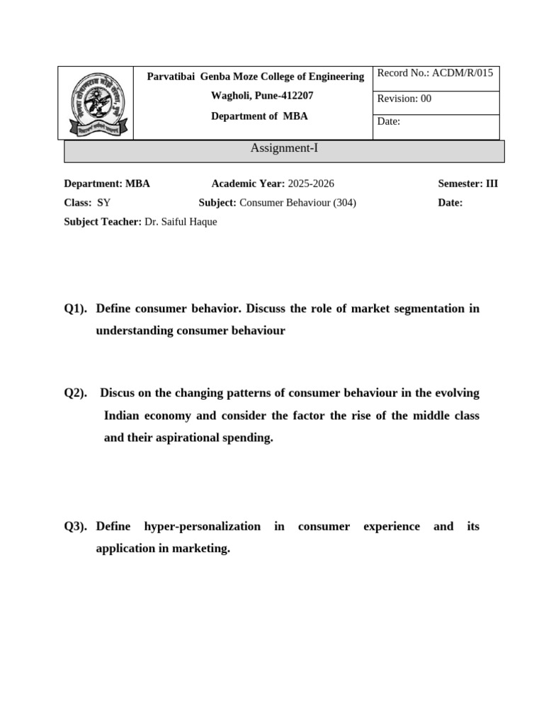 Consumer Behaviour MBA Assignments 2025 | PDF | Consumer Behaviour ...