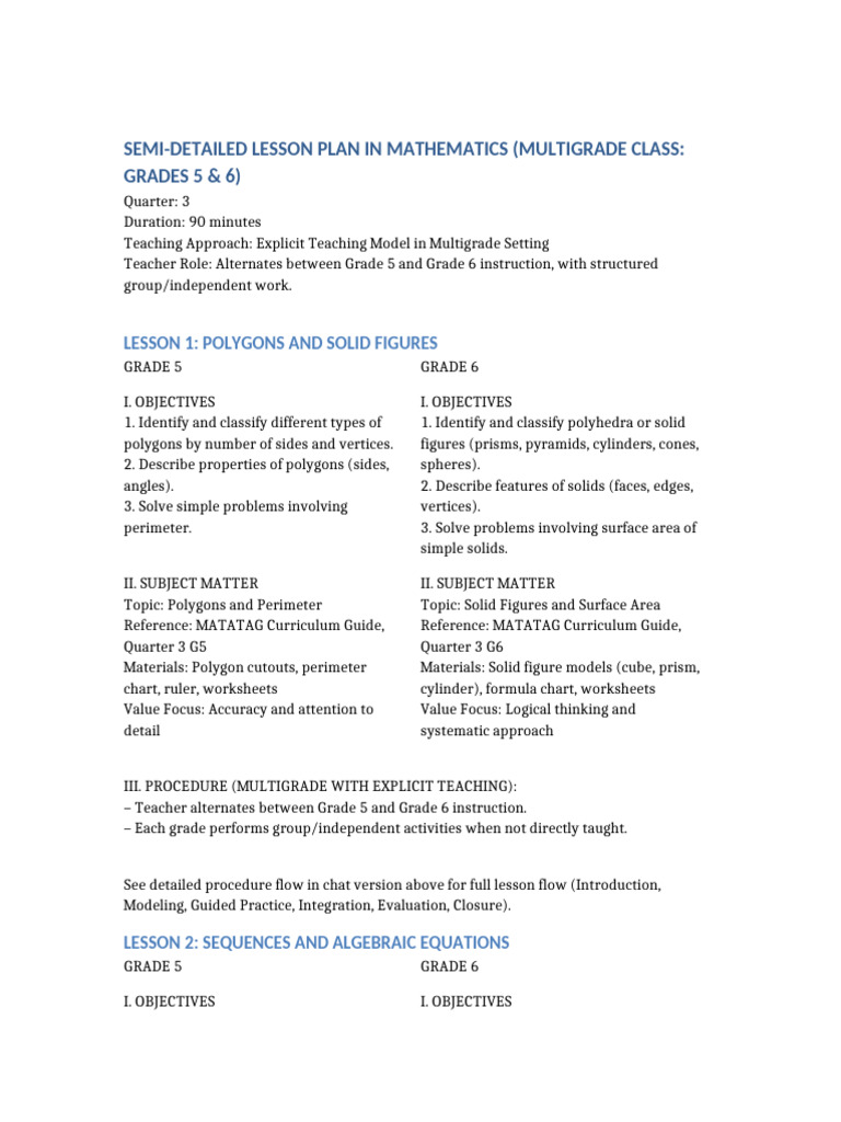 Math 5 6 Multigrade Q3 LessonPlans | PDF | Equations | Polygon