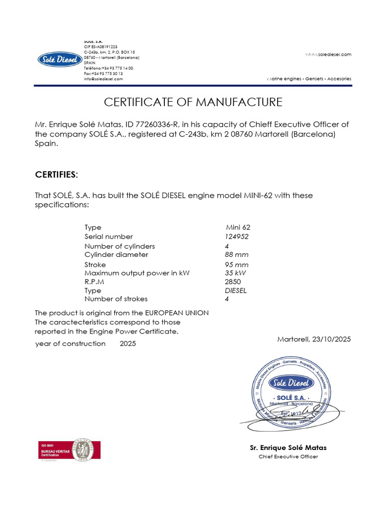 SOLÉ Diesel Engine Mini 62 Certificate | PDF