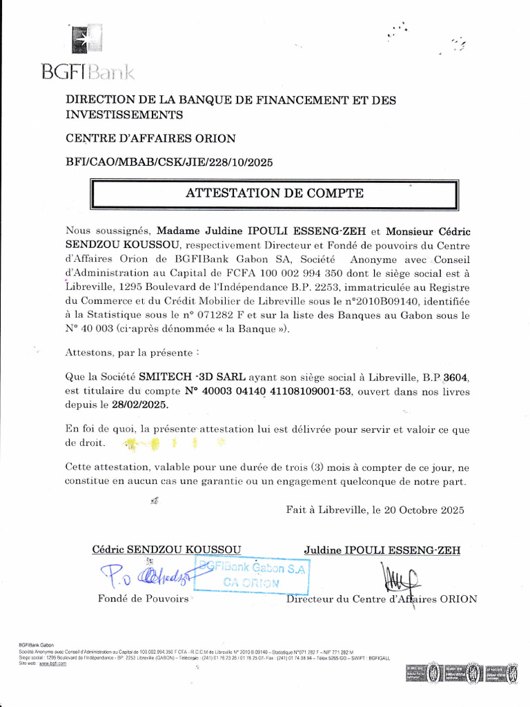 Attestation de Compte SMITECH -3D SARL | PDF