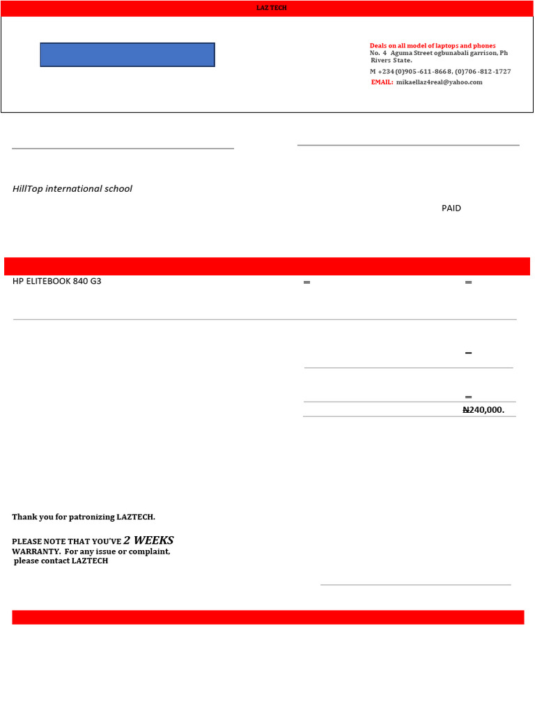 Invoice for HP EliteBook Purchase | PDF