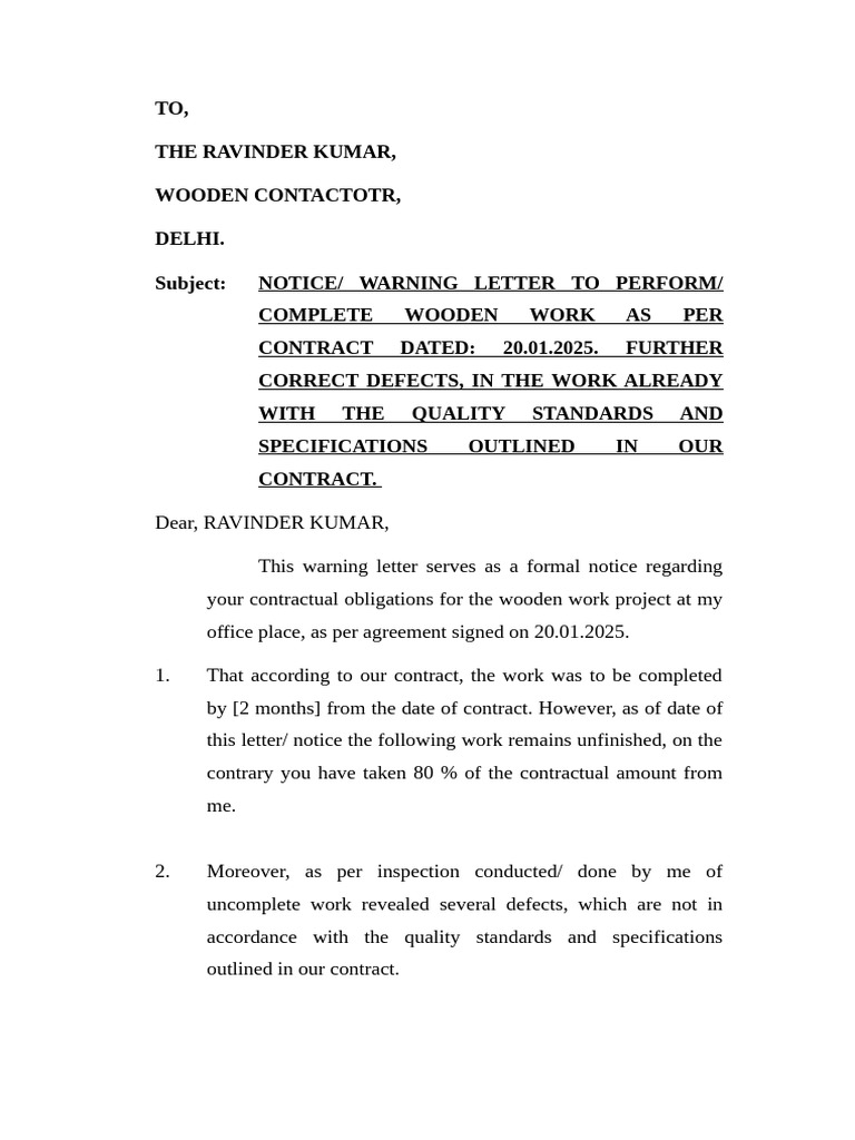 Legal Notice for Incomplete Wooden Work | PDF