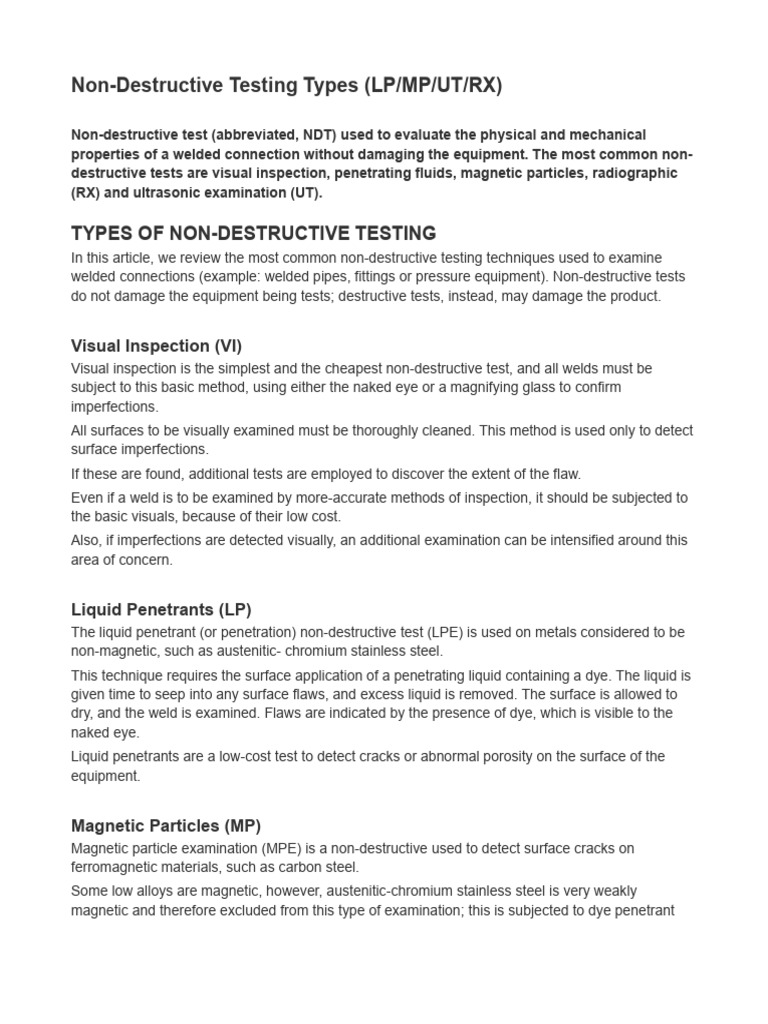 Types of Non-Destructive Testing | PDF | Nondestructive Testing | Welding