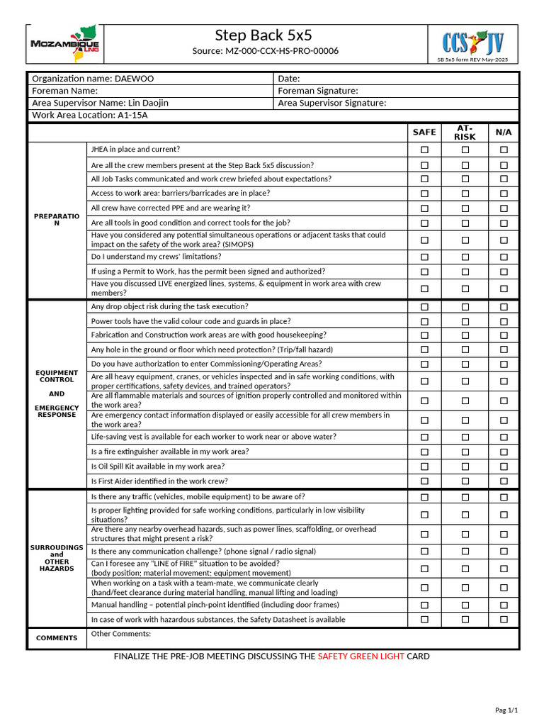 Step Back 5x5 Safety Checklist | PDF | Occupational Safety And Health ...