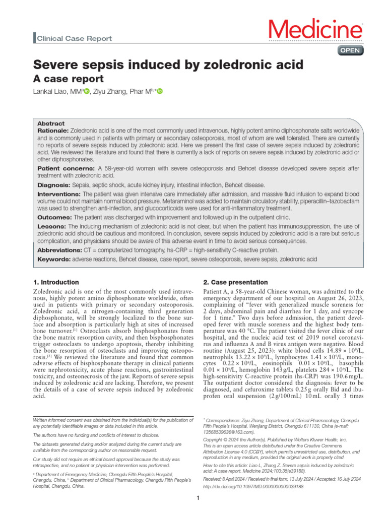 Severe Sepsis from Zoledronic Acid: Case Report | PDF | Sepsis ...