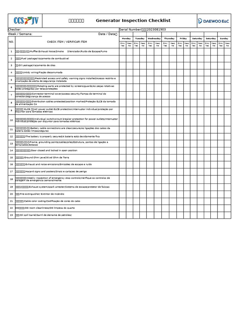 Checklist Semanal de Inspeção de Geradores | PDF | Componentes ...