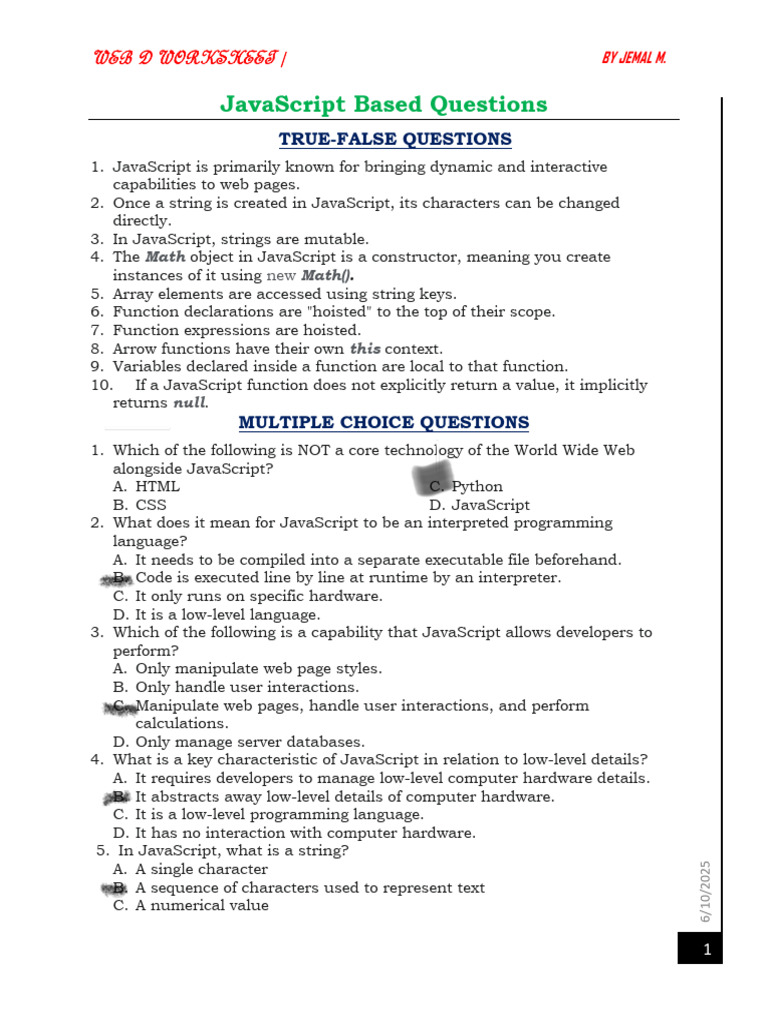 JavaScript Quiz Worksheet | PDF | Java Script | World Wide Web