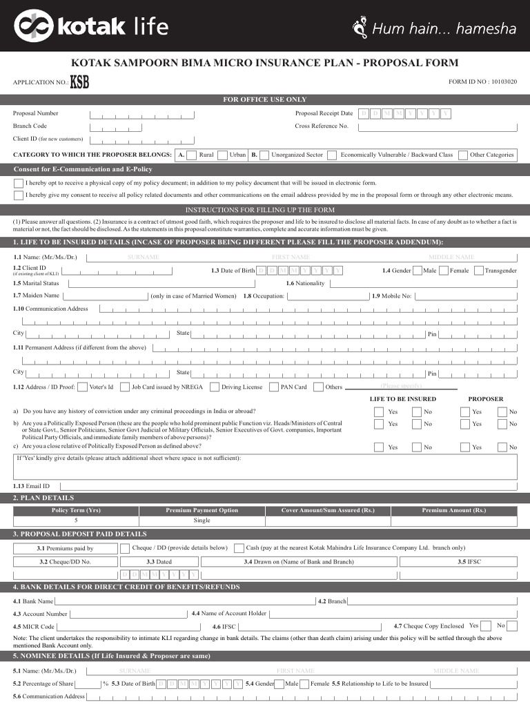 Kotak Sampoorn Bima Micro Insurance Proposal Form | PDF | Insurance ...