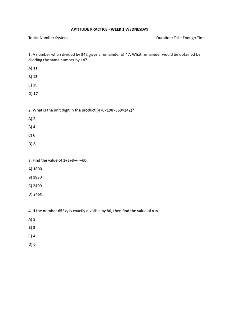 Number System Aptitude Practice Quiz | PDF
