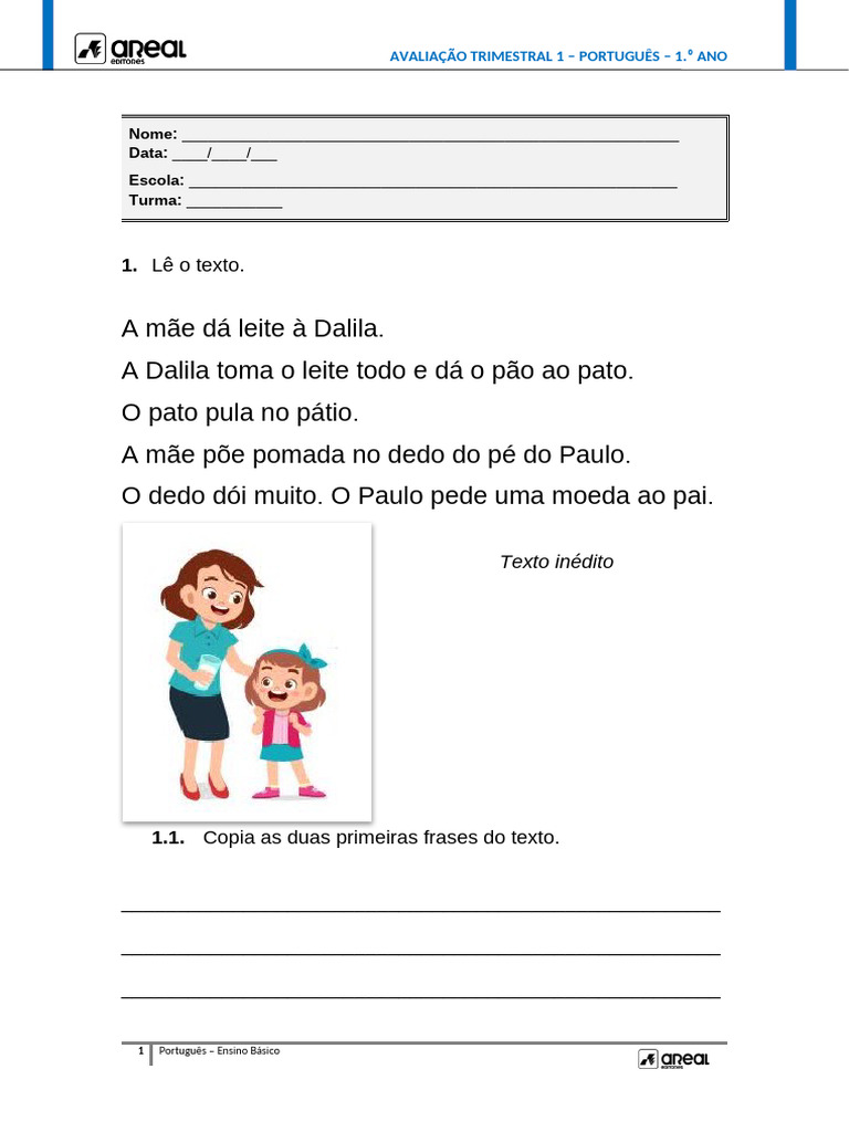 Avaliação Trimestral de Português 1º Ano | PDF