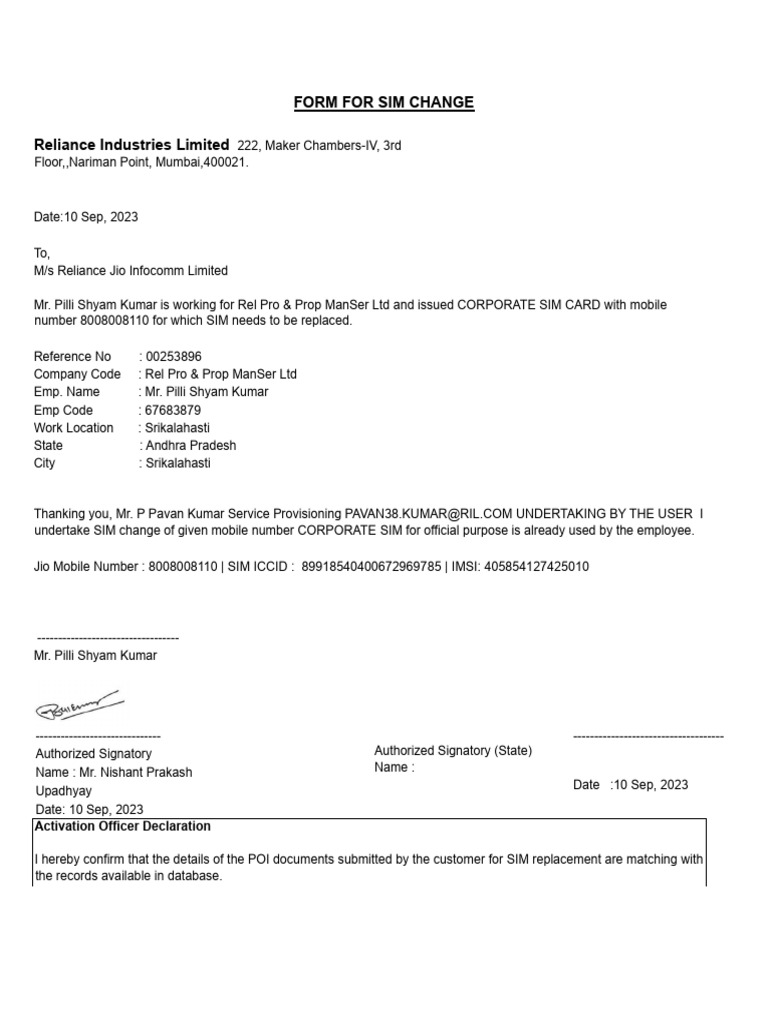 Jio SIM Replacement Form Request | PDF