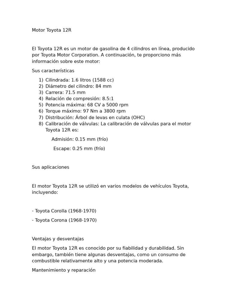 Especificaciones del Motor Toyota 12R | PDF
