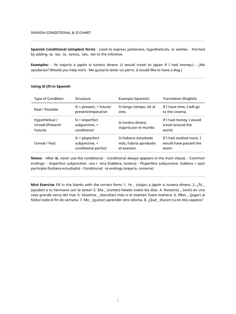 Spanish Conditional Si Chart | PDF