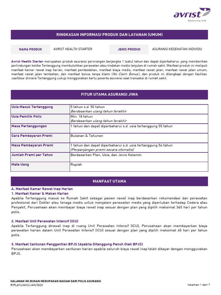 Asuransi Kesehatan Avrist Health Starter | PDF