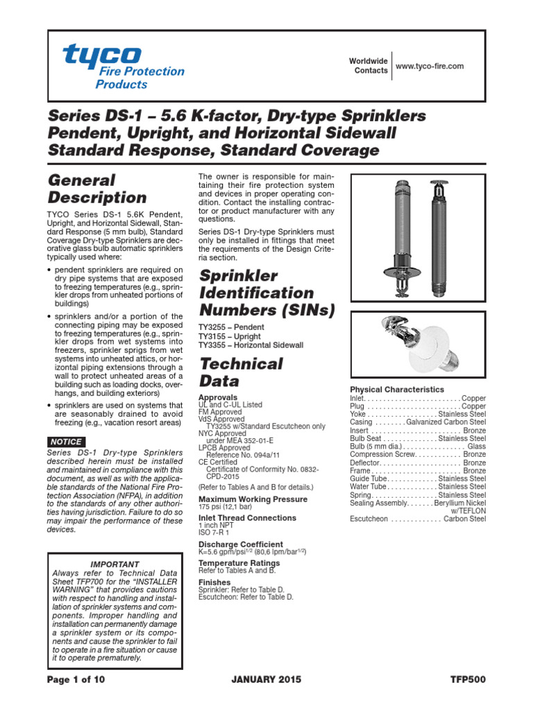 Tyco DS-1 Dry-Type Sprinklers Overview | PDF | Fire Sprinkler System ...