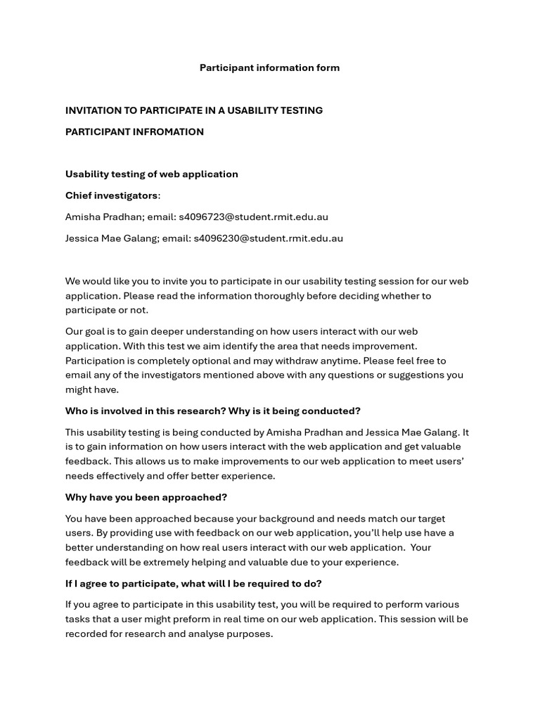Usability Testing Participant Info Form | PDF | Usability | Information ...