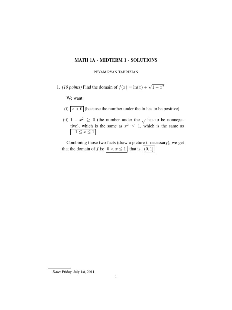 MATH 1A Midterm 1 Solutions Guide | PDF