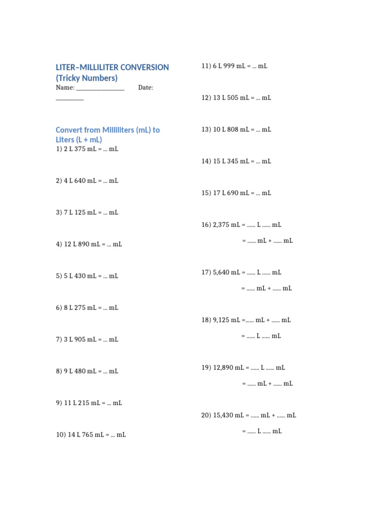 Liter to Milliliter Conversion Exercises | PDF