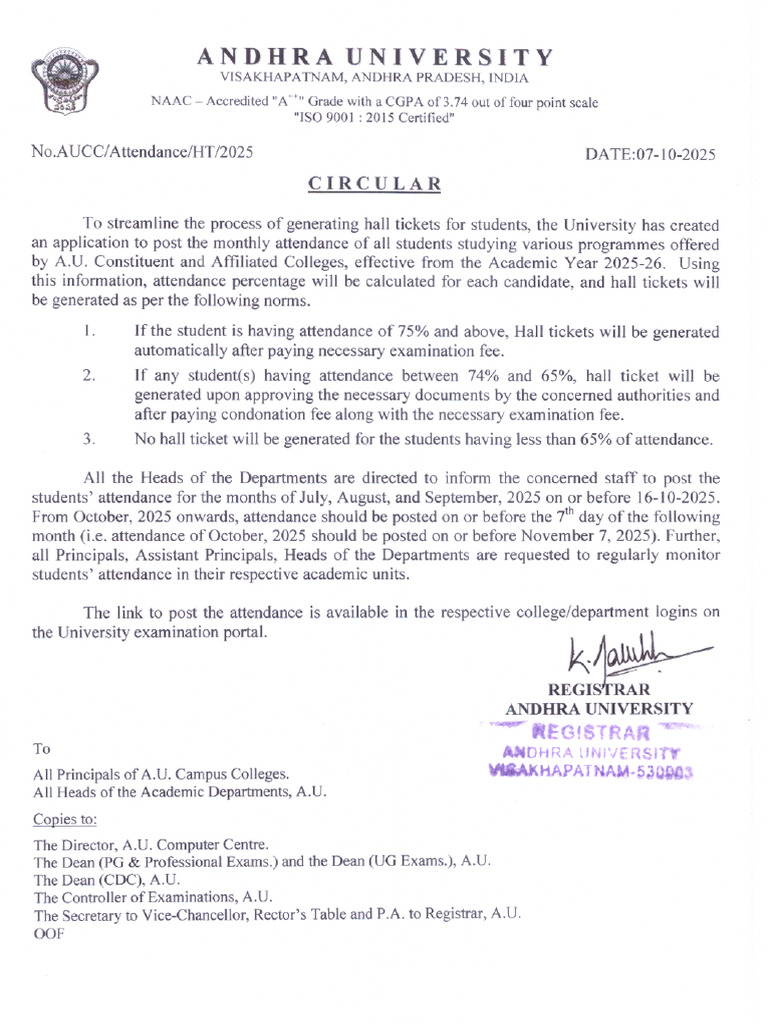 Circular - Regarding Student Attendance | PDF