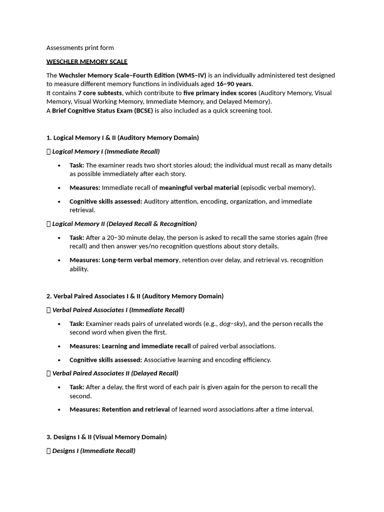 Assessments Print Form | PDF | Recall (Memory) | Memory