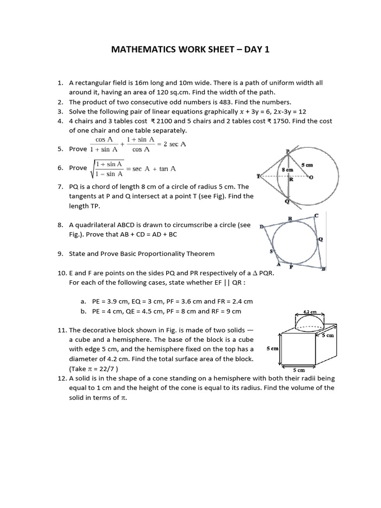 Mathematics Worksheet Day 1 Problems | PDF